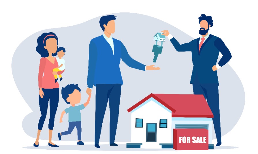 Agent immobilier tendant les clés d’une miniature de maison à vendre à un couple avec 2 enfants